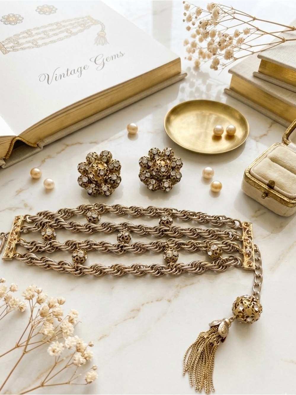 Antique Hobe - Gold Multi-Row Chain Bracelet with Tassel and Earrings